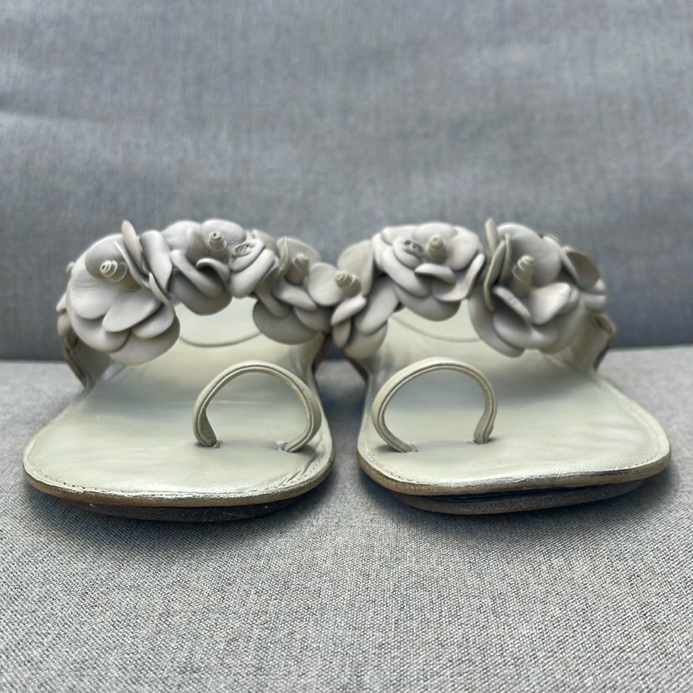 CHANEL Leather Camellia Sandals with Silver CC accents - Picture 5 of 12